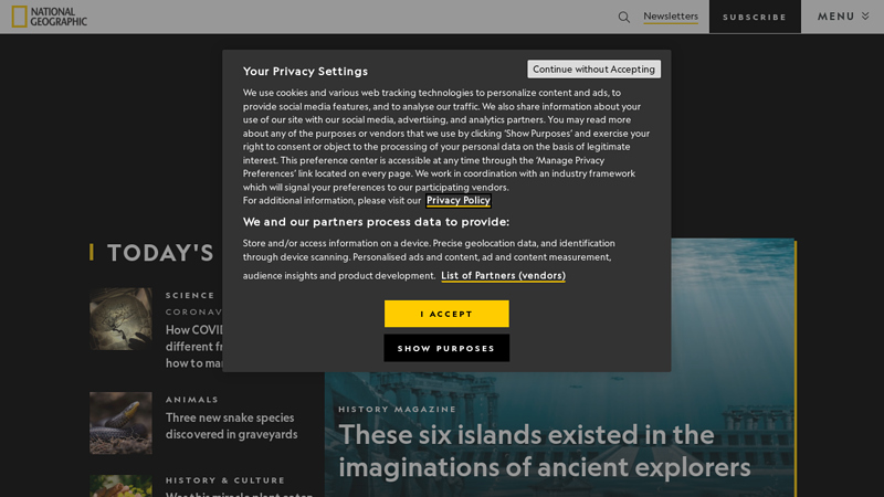 National Geographic - Inspiring People to Care About the Planet Since 1888
National Geographic provides free maps, photos, videos and daily news stories, as well as articles and features about animals, the environment, cultures, history, world music, and travel.
national geographic society, national geographics, nat geo, national geografics, magazine, channel, subscriptions, shop, photography, videos, world music, news, maps, atlas, places, travel thumbnail